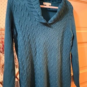 Coldwater Creek Teal Cable Knit Cowl Neck Sweater
